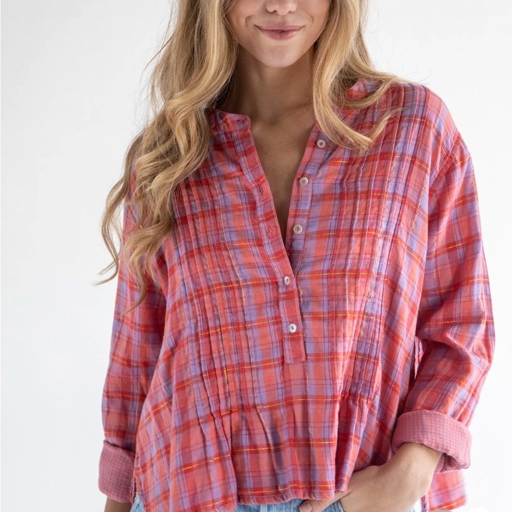 Natural Life Montana Cotton Top in Pink Lavender Plaid Size Medium